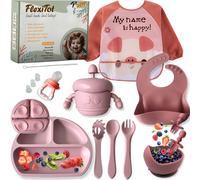 Vajilla silicona bebé antideslizante | Guía Digital 70 recetas BLW | Babero con mangas, platos silicona con ventosa, cuenco, vaso, cubiertos y chupete fruta, Rosa