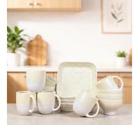 Vajillas 16 Piezas Color Crema - Estilo Nordico y Minimalista - Incluye Platos Cuadrados, Bols y Tazas - Ceramica Premium para el Hogar