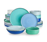 Vajillas completas Juego de 24 platos y cuencos cerámica azul verde, con espirales pintadas a mano, for arroz, ensalada frutas, postres, cenas sopas