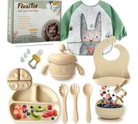 Vajillas de bebé silicona | Guía Digital 70 recetas BLW | Babero con mangas, platos silicona con ventosa, cuenco, vaso, cubiertos y chupete fruta, Beige