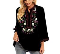 Vakakado Mexico Camisa Bohemia Bordada Folklore Floral Túnica Blusas Boho Mangas 3/4 Escote en V(325,Negro,M)