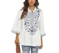 Vakakado México Mujeres Bohemia Bordada Camisa Folklore Floral Túnica Top Boho Blusas 3/4 Mangas V-Cuello, 372-blanco, L