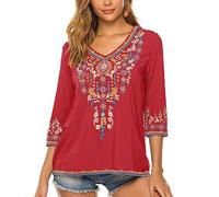 Vakakado Ropa Hippie para Mujer Blusa Bordada de Folclore Bohemio Túnica de Manga 3/4 con Cuello en V Top Informal de Verano(054,Rojo,L)