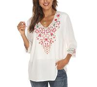 Vakakado Ropa Hippie para Mujer Blusa Bordada de Folclore Bohemio Túnica de Manga 3/4 con Cuello en V Top Informal de Verano(354,Blanco,3XL)