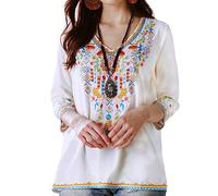 Vakakado Ropa Hippie para Mujer Blusa Bordada de Folclore Bohemio Túnica de Manga 3/4 con Cuello en V Top Informal de Verano(054,Blanco,S)