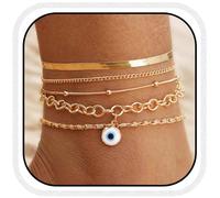 Vakkery Tobilleras bohemias en capas doradas contra el mal de ojo, cadenas de verano para playa para mujer (paquete de 5), /
