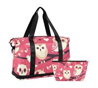 Valentine Owls Linda Bolsa de Hombro de Melocotón Bolsa de Gimnasio con Bolsa de Cosmética de Senderismo Plegable, Búhos de San Valentín Lindo Melocotón, 1 Tamaño, Búho de San Valentín lindo