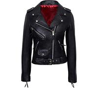 Valentine Romance - Chaqueta de motociclista ajustada de piel auténtica con forro rojo para mujer, color negro, Negro - Cuero, S