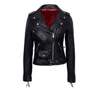 Valentine Romance Ladies Black with Red Lining Real Leather Brando Fitted Urban Look Biker Jacket