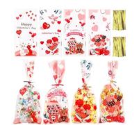 Valentine Treat Bags - Clear Romantic Cartoon Wrapping Supplies with Heart-Themed Prints, Fun Gift Packaging for Kids Classroom Birthday Parties Celebrations Events, 100-Piece Set