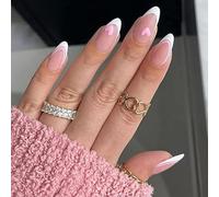 Valentine's Day False Nails Pink Heart Press on Nails Almond Stick on Nails French Short Fake Nails 24pcs for Women and Girls(Pink,26 Piece Set)