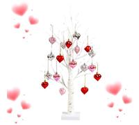 Valentines Tree - Romántico Glow Birch Decor with Timer - 24 LED Lamp Light Tree with 18 Heart Ornaments - Home Indoor Tabletop Wedding Party Holidays Valentine's Day