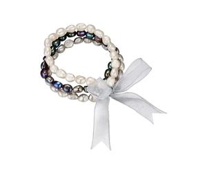 Valero Pearls Set de 3 pulseras para mujer | pulsera de perlas, perla cultivada de agua dulce, ca. 7,0 - 8,0 mm, blanco, barroca, flexible, sin cierre, organza