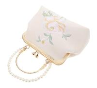 VALICLUD Bolso de Mano Tipo Clutch para Mujer Estilo Chino con Bordado Floral Cierre de Boquilla Perlas Cortas y Color Beige para Bodas Fiestas y Eventos Formales
