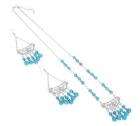 VALICLUD Conjunto de Joyas Bohemias Vintage Collar Llamativo de Cuentas Azules, Pendientes Étnicos Colgantes y Tocado Borlas, Accesorio Versátil para Festivales, Bodas y Uso Diario