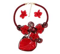 VALICLUD Conjunto de Joyería Africana Artesanal con Flores Collar Babero y Pendientes Estilo Étnico Ligero para Mujer Color Rojo Accesorio Único para Fiestas y Diario