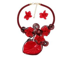 VALICLUD Conjunto de Joyería Africana Artesanal con Flores Collar Babero y Pendientes Estilo Étnico Ligero para Mujer Color Rojo Accesorio Único para Fiestas y Diario