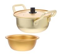 VALICLUD Olla para Ramen Coreana de Aluminio con Tapa y Bowl Pequeño Doble Mango para Cocción para Pasta Sopas y Fideos Instantáneos Acabado Retro Dorado