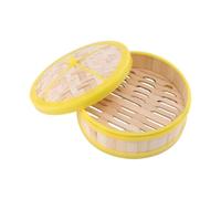 VALICLUD Vaporera de Bambú Nivel con Tapa 20 Cm, Cesta para Cocinar al Vapor Dim Sum, Bollos y Verduras, Borde Plástico Amarillo Resistente, Utensilio Práctico para Cocina Asiática