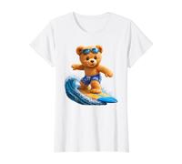 Valiente Oso de Peluche Montando Las Olas Tabla de Surf Formas Mania Camiseta gráfica económica, Mujer, Blanco, M