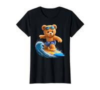 Valiente Oso de Peluche Montando Las Olas Tabla de Surf Formas Mania Camiseta gráfica económica, Mujer, Negro, M
