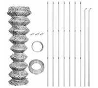 Valla de malla de alambre con postes Acero galvanizado 15×1,5 m Plata | Juego de vallas, 7 postes de valla, 2 puntales diagonales, alambre superior, alambre de atado, 3 tensores de alambre