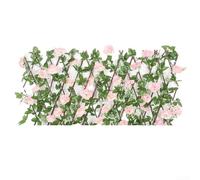 Valla telescópica de madera con hojas verdes artificiales y flores de enredaderas perfectas.