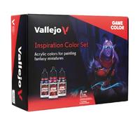 Vallejo Game Color Inspiration Color Set 72182, set de 48 pinturas acrílicas de 18 ml para miniaturas y modelismo, 32 mate, 2 metálicos, 2 tintas, 2 washes, 2 fluor, 2 FX, 4 Xpress y 3 pinceles