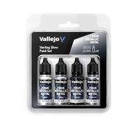 Createx Vallejo Pintura True Metallic Set 4 colores Plata Estéril, BASE/LIGHT/SHADE/AIRBRUSH, BSL