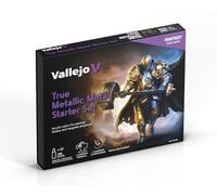 Vallejo True Metallic Metal Starter Set - Set de Iniciación Pintura Metalizada para Miniaturas - 12 Colores de 18ml + Pincel + Miniatura Exclusiva