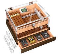 VALLUME Caja humidor acrílica, caja transparente de alta definición, cierres de bloqueo y bisagras de apertura de 90 grados, cajón de accesorios de cigarros, higrómetro digital y humidificador
