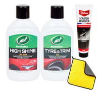 Valma & Turtle Wax Kit de 4 Productos Limpieza Coche - Cera Alto Brillo 300 ml, Gel Neumáticos 300 ml, Eliminador de Arañazos 100 ml y Paño Microfibra - Brillo, Protección y Acabado Profesional