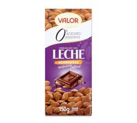 Valor - Chocolate con Leche y Almendras Mediterráneas Enteras. 0% Azúcares añadidos. Sin Gluten. Chocolate Valor Suave Edulcorado con Stevia - 150 Gramos