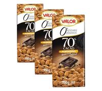 Valor - Chocolate Negro 70% con Almendras Mediterráneas Enteras. 0% Azúcares añadidos. Sin Gluten. Chocolate Negro Valor. Edulcorado con Stevia- Tableta de 150 Gramos (Paquete de 3)