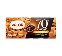 Valor - Chocolate Negro 70% con Almendras Mediterráneas Enteras. Chocolate Valor sin Gluten. Intenso Sabor y Aroma. Crujientes Almendras Mediterráneas - Tableta de 250 Gramos