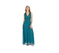 VALORIALUXE Vestido largo elegante para mujer con estola a juego, cuello en V, vestido de ceremonia fabricado en Italia, azul petróleo, S-M