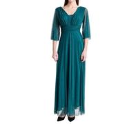 VALORIALUXE Vestido largo elegante para mujer, de ceremonia, manga 3/4 y cuello en V, ideal para bodas, eventos y fiestas. Fabricado en Italia, azul petróleo, S-M