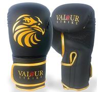 Valour Strike Guantes de boxeo para hombres y mujeres, marca familiar británica de confianza, guantes de entrenamiento y sparring negros y dorados de 16 onzas para boxeo, kickboxing, muay thai, artes