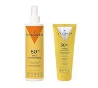 Valquer Pack Protección Solar Completa SPF 50. Crema Facial 75 ml y Spray Protector Corporal 300 ml. Mantiene la Piel Suave e Hidratada con Ácido Hialurónico, Vitaminas y Aroma Monoi de Tahití. Vegano