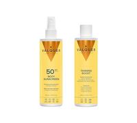 Valquer Pack Solar Corporal Spray Protector 300ml y Crema Hidratante Aceleradora del Bronceado 300ml. Protección SPF 50 Proporciona una Piel Bronceada, Hidratada y Suave. Aroma Monoi de Tahití. Vegano