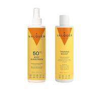 Valquer Pack Solar Corporal Spray Protector 300ml y Crema Hidratante Aceleradora del Bronceado 300ml. Protección SPF 50 Proporciona una Piel Bronceada, Hidratada y Suave. Aroma Monoi de Tahití. Vegano