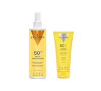 Valquer Pack Protección Solar Completa SPF 50. Crema Facial 75 ml y Spray Protector Corporal 300 ml. Mantiene la Piel Suave e Hidratada con Ácido Hialurónico, Vitaminas y Aroma Monoi de Tahití. Vegano