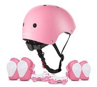 ValueTalks Protección Patinaje, Protección Infantil Consta de Casco Ajustable Rodilleras Coderas, Patinaje Ciclismo Monopatín y Deportes Extremos（Rosa
