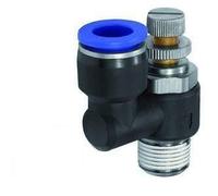 Válvula antirretorno de estrangulador "Blaue Serie", recta, salida de aire, R 1/4 a, F. llave de A de 8 mm de diámetro, válvula de trabajo. Máx. 10 bares, plástico/MS vern.
