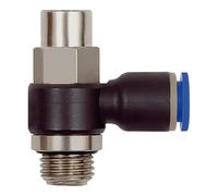 Válvula antirretorno de estrangulador "Blaue Serie", salida de aire, G 1/4 a, F. llave de diámetro exterior de 4 mm, válvula de trabajo. Máx. 10 bar, plástico/MS vern.
