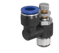 Válvula antirretorno de estrangulador "Blaue Serie", válvula de entrada de aire, R 1/8 A, F. llave de diámetro exterior de 6 mm, válvula de trabajo. Máx. 10 bar, plástico/MS vern.