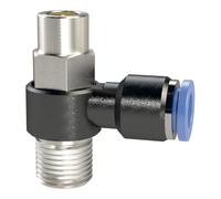Válvula antirretorno de estrangulador "Blaue Serie", válvula de salida de aire, R 1/8 a, F. llave de diámetro exterior de 4 mm, válvula de trabajo. Máx. 10 bar, plástico/MS vern.