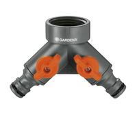 Válvula de 2 vías Gardena: distribuidor de agua para grifo con rosca de 26,5 mm (G 3/4 pulgadas), para la conexión simultánea de dos dispositivos, ambas salidas ajustables (938-20)