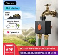 SONOFF SWV-ZF2E Hydro DUO Temporizador de riego Zigbee de 2 zonas, entrada de latón, IP65, alimentación Type-C y 4 AA, ajuste climático con caudalímetro, requiere hub Zigbee, Home Assistant