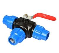 Válvula de bola de 3 vías para tubería de PE, Válvula de bola plástica tipo T 3 vías con núcleo acero, conexión rápida for riego tierras agrícolas, azul, 25-50 mm(25MM)
